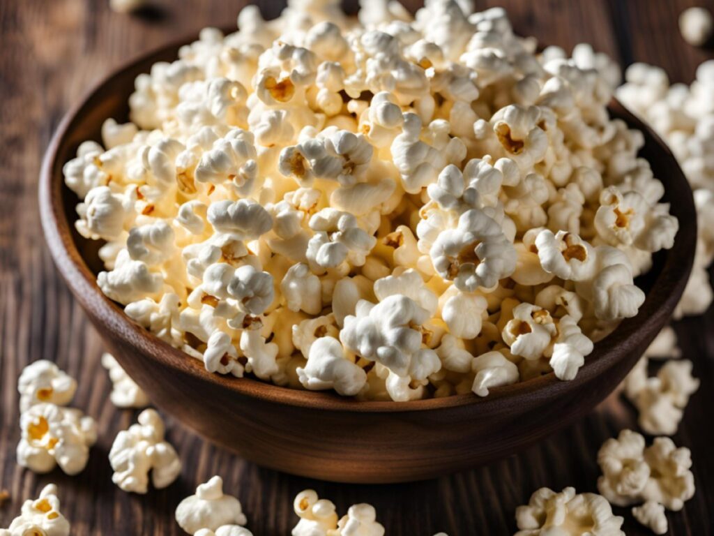 A wooden bowl filled with fluffy, air-popped popcorn, showcasing a healthy low-calorie snacks for guilt-free munching.