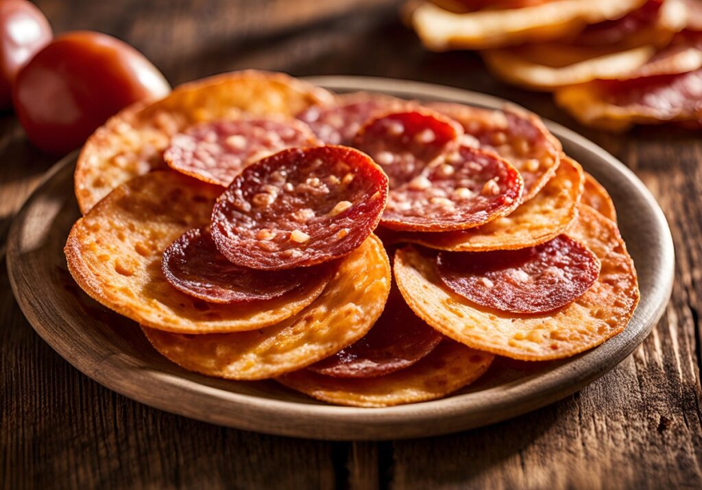 Slices of Baked Pepperoni and Salami Chips, Delightful Crunchy Zero Carb Snacks served in a wooden plate