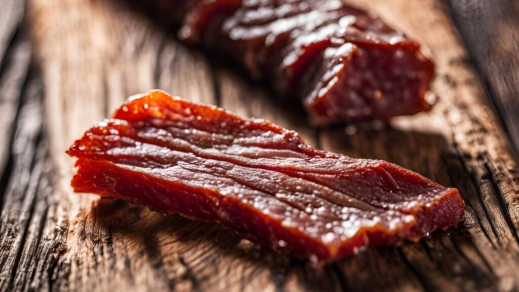 Close up of sugar-free beef jerky strips with a dark, savory texture.