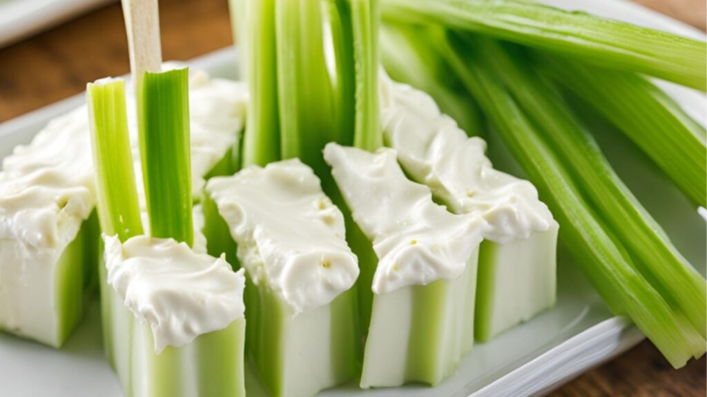 Celery sticks topped with rich cream cheese, a crunchy, zero-carb snacks for a healthy lifestyle.