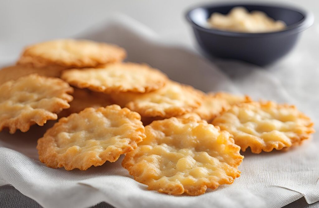 Close-up of golden-brown, crispy cheese crisps on a cloth over a plate, a tasty zero-carb snack for a healthy lifestyle.