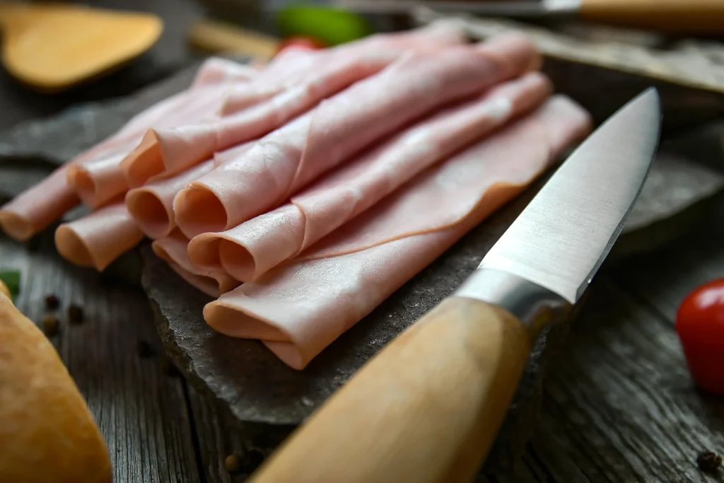 Thinly sliced deli ham with a knife on the side, a zero-carb snacks for weight loss.