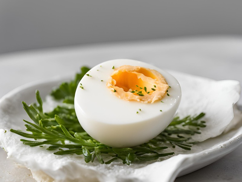 Close-up of a boiled egg white sliced in half on a white plate, highlighting the smooth texture and pure white color, perfect for a no-fat, low-carb clean eating snack option.