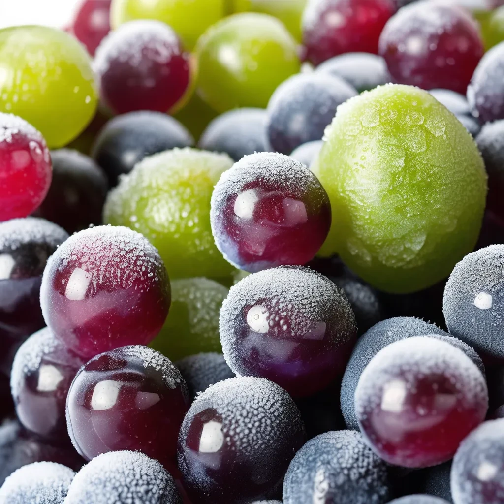 Colorful frozen grapes, glistening with frost, showcasing a refreshing low-calorie snacks, rich in antioxidants.