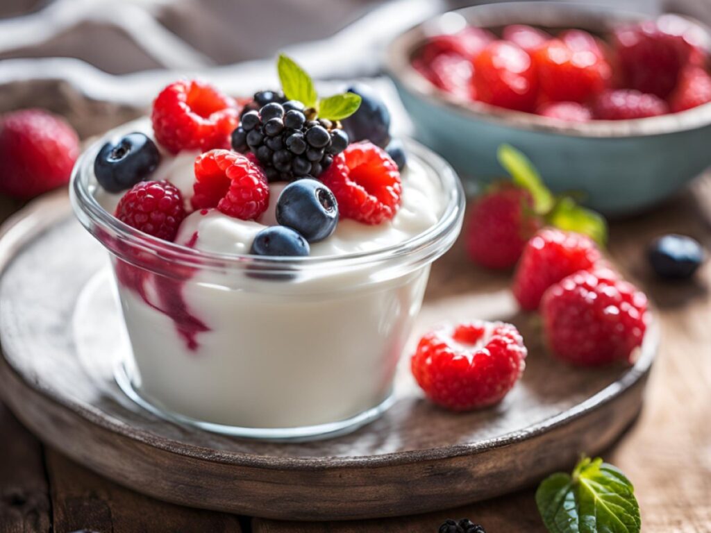 Glass pot filled with creamy greek yogurt topped with a colorful assortment of fresh berries, representing a delicious low-calorie snacks.