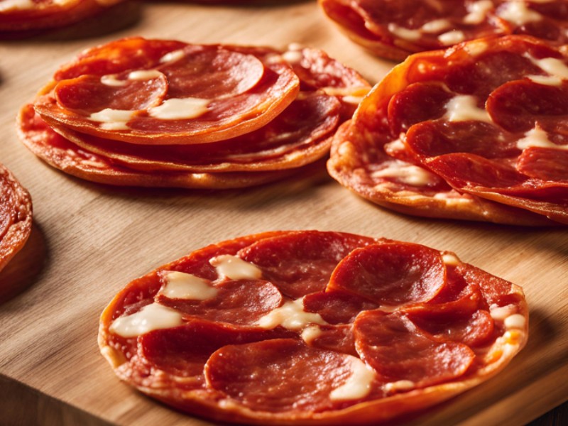 Close up shot of delicious no-carb snacks of baked Pepperoni Slices, showcasing rich red tones. The texture and marbling of the pepperoni slices are highlighted, making them look appetizing and very easy to prepare for a quick healthy snack.