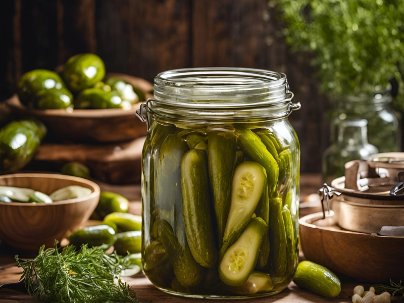 Fresh pickles in a jar, a no-fat, low-carb snack ideal for clean eating diets to stay slim.