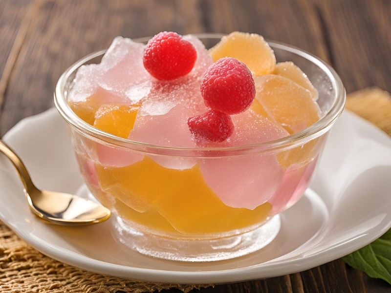 Colorful sugar-free gelatin in a glass pot with a spoon, a tasty zero-carb snacks for a diabetic after meal sweet treat.