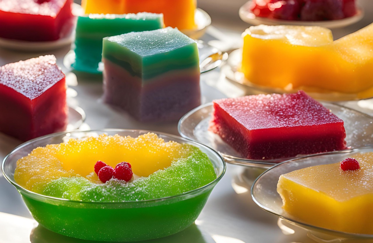 Bright and colorful sweet refreshing sugar-free gelatin, a no-fat, low-carb snacks, ideal for delicious zero-carb lifestyle.