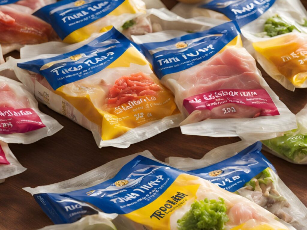 Tuna packets displayed on a wooden table, showcasing a healthy zero carb snack option ideal for weight loss. The packets are conveniently packaged for easy on-the-go consumption, emphasizing protein-rich and low-carb nutrition.