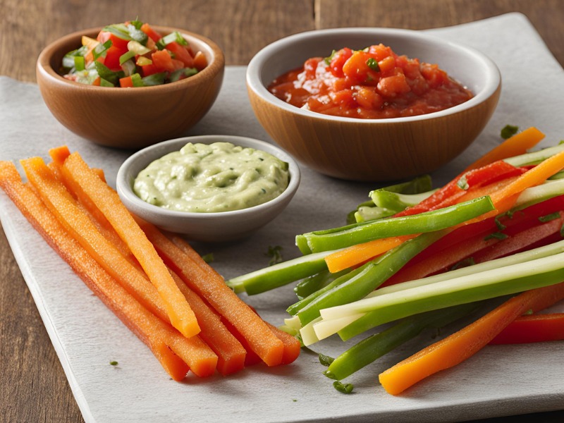 Fresh vegetable sticks served with salsa, a vibrant low-carb, no-carb snack option, ideal for healthy eating and zero-carb diets.