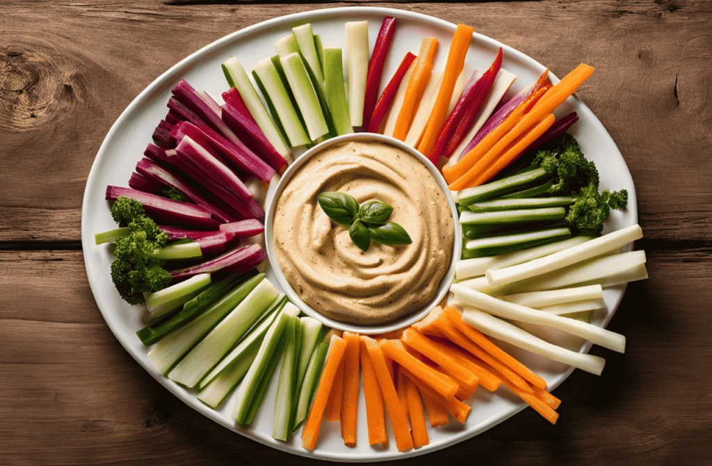 Creamy hummus dip surrounded by fresh veggie sticks on a white plate, a perfect low-calorie snacks for healthy eating.