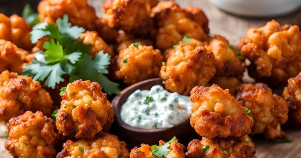 Cauliflower Buffalo Bites with a creamy dip - Healthy Zero Carb Snacks.