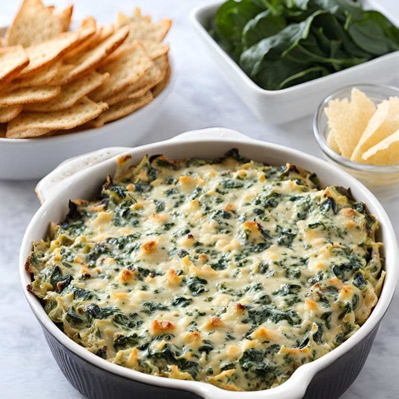 Spinach artichoke dip served warm in a bowl, a  perfect creamy Appetizer for Christmas Day celebration.