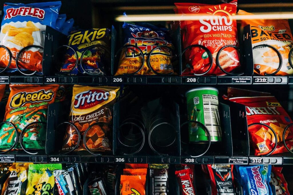 Traditional chips for gas station snacks on display, highlighting classic snack options with healthier chip alternatives for a tasty, guilt-free choice.