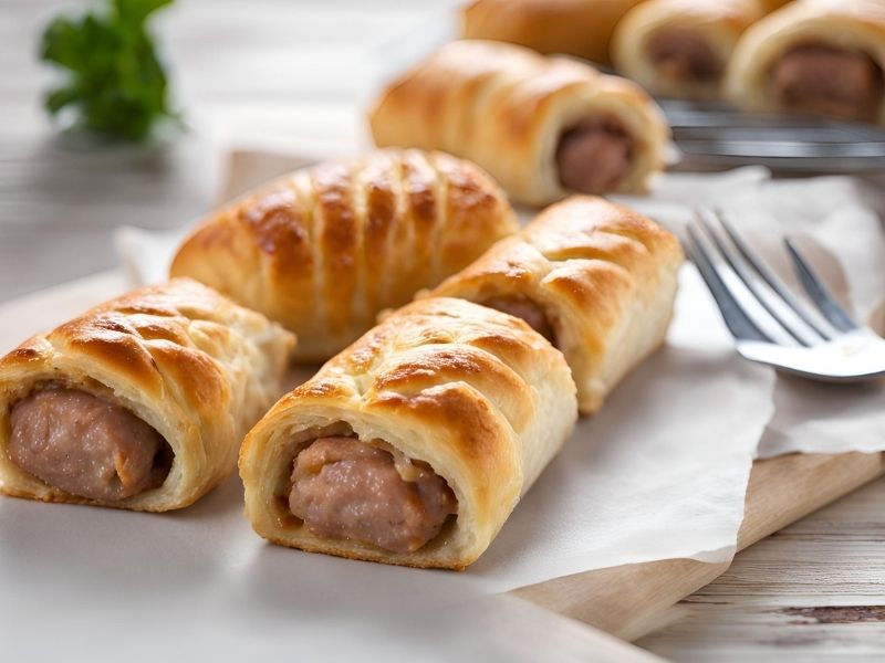 Sausage rolls with seasoned sausage meat wrapped in flaky puff pastry, a popular British snack.