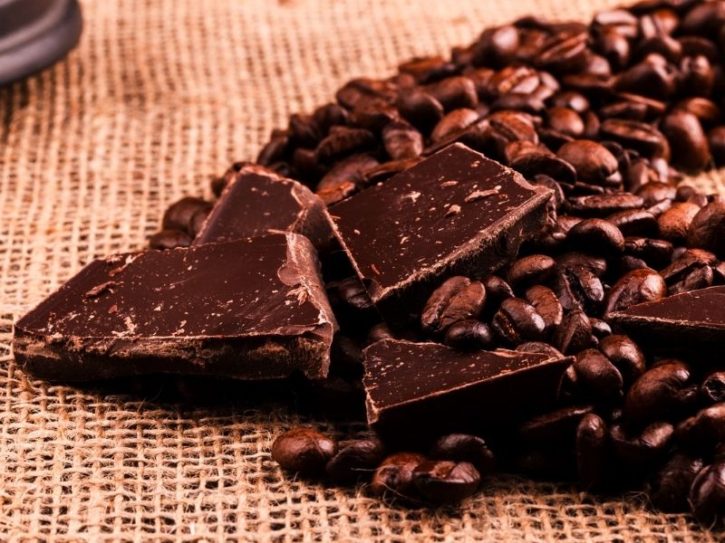 Dark chocolate pieces with cocoa beans, a low carb snack, suitable for healthy diabetic eating.